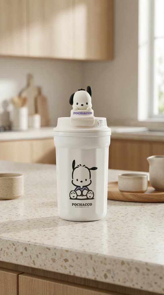 Pochacco character tumbler on a kitchen counter