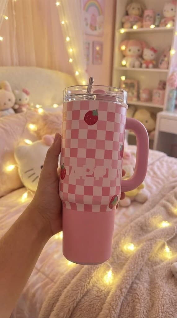 Strawberry tumbler in a cozy bedroom setting