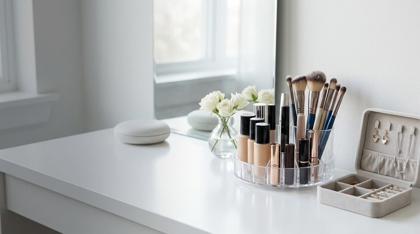 Makeup organizer and jewellery box on a vanity