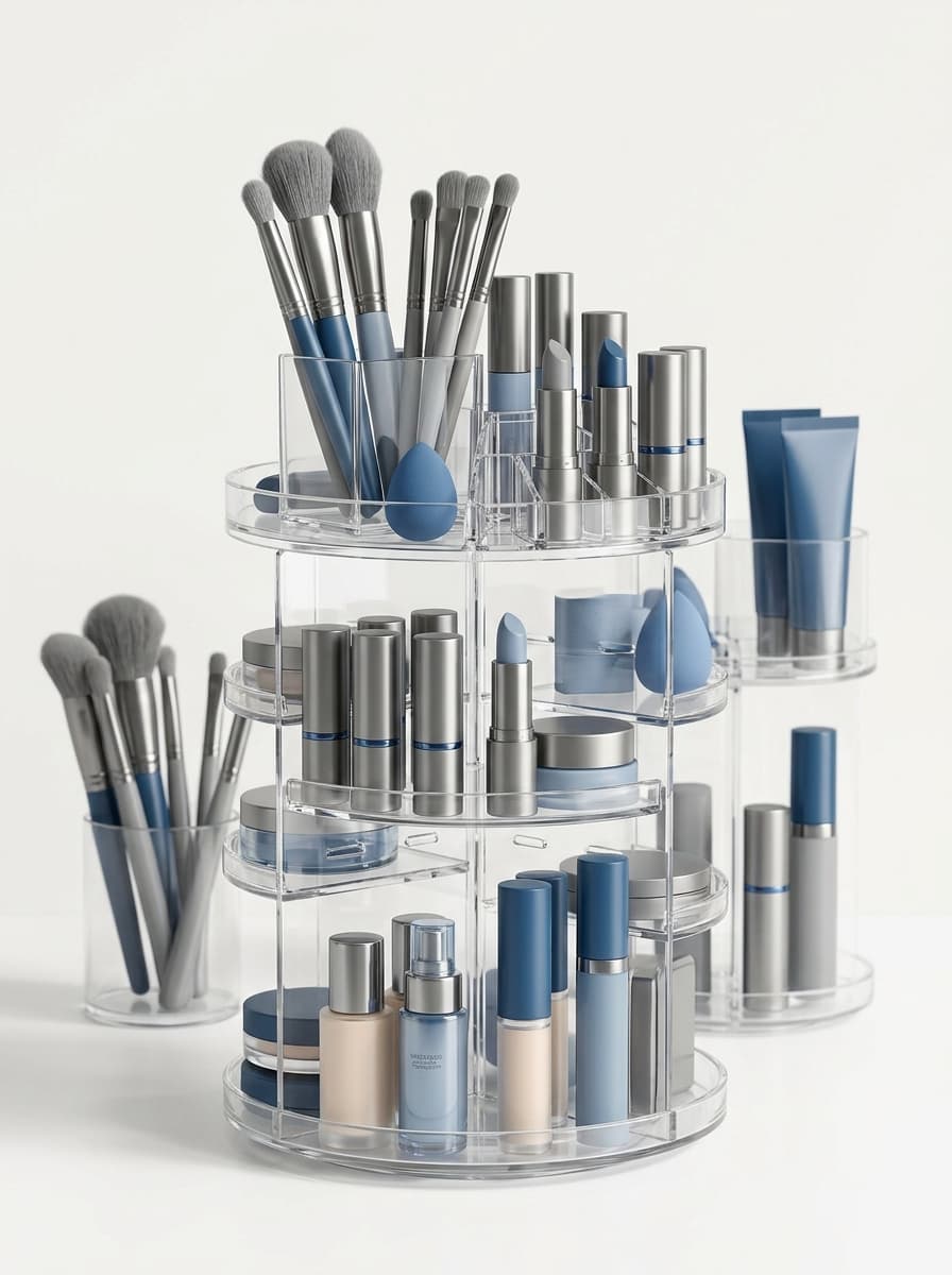 Rotating makeup organizers and vanity storage