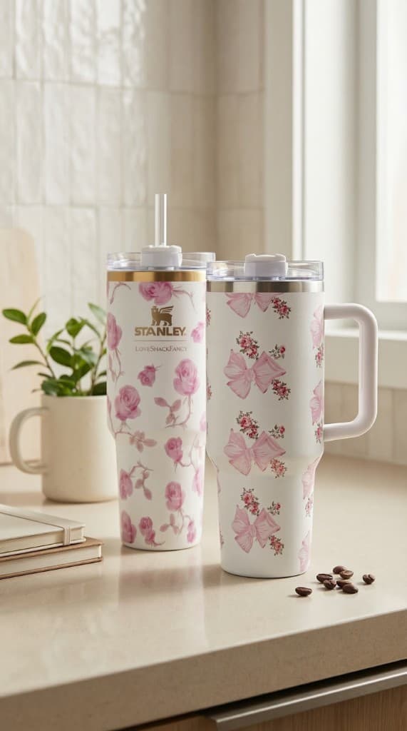 Floral tumblers styled in a kitchen