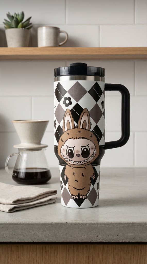 Kitchen coffee moment with a character tumbler