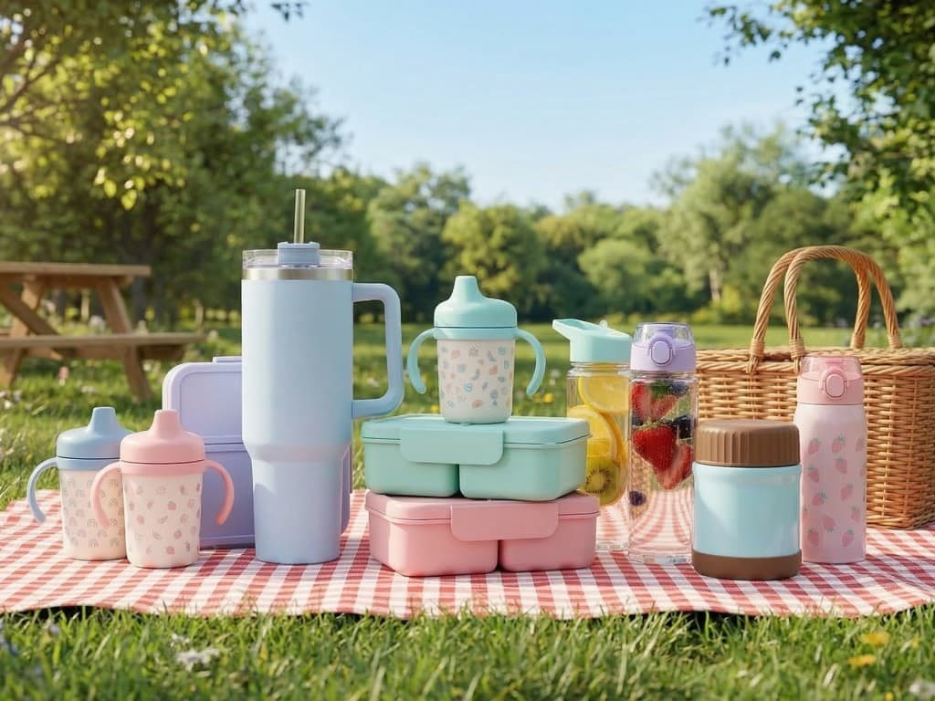 Water bottles and tumblers at a picnic